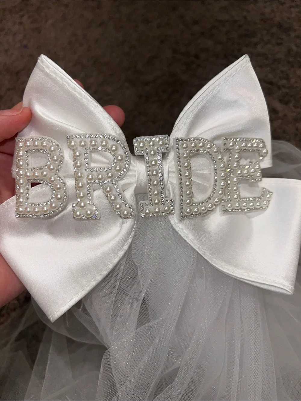 White Bridal Veil Hair Bow with Rhinestone 'BRIDE' Accent